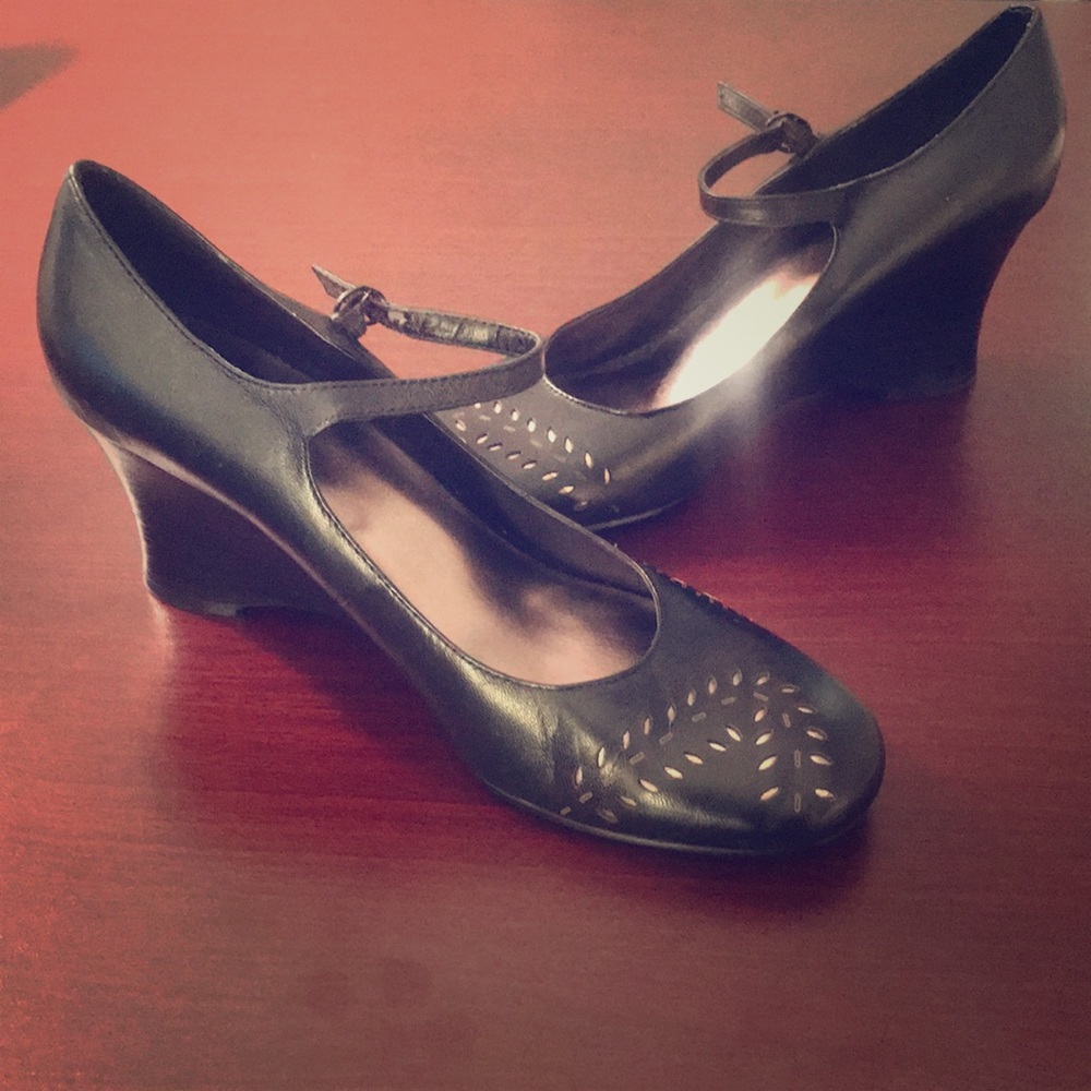 J. Jill Black Leather 3” Wedge Mary-Janes 8.5 M